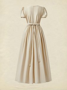 Linen Maxi Dress, Short Sleeve, Princess-cut Waist,  Crew Neck, Tea Party, Linen Blend, Plain - Image 3