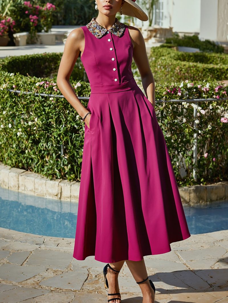 Midi Linen Dress , Sleeveless, Shawl Collar, Plain, Button Design, French Vintage, Rose Red