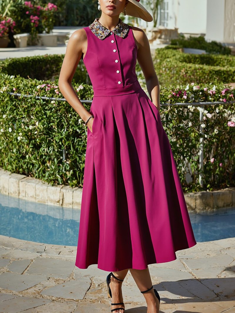 Midi Linen Dress , Sleeveless, Shawl Collar, Plain, Button Design, French Vintage, Rose Red