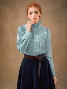 Jane Collection - Mineral Blue Wool-Blend Midi Skirt with Pockets - Image 2