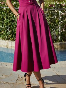 Midi Linen Dress , Sleeveless, Shawl Collar, Plain, Button Design, French Vintage, Rose Red - Image 3