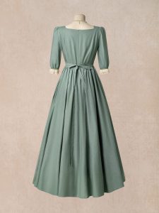 Maxi Linen Dress, 3/4 Sleeves, Square Neck, Lace Up, Linen Blend, Green - Image 4