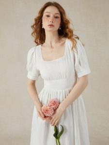 Linen Maxi Dress, Puff Sleeve, Short Sleeve, Square Neck, Vintage Dress, Linen, White - Image 2
