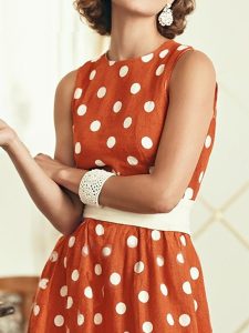 Maxi Cotton Dress , Sleeveless, Round Neck, Polka Dots, Belt Design, Vintage, Orange Red - Image 2