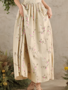 Maxi Linen Dress, Puff Sleeves, Square Neck, Linen Blend, Yellow - Image 3