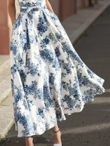 Maxi Linen Dress , Sleeveless, Round Neck, Floral, Belt Design, Vacation, Vintage, Blue - Image 3