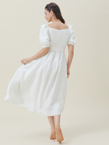 Plain Wedding Square Neck Regular Fit Short Sleeves Dress, White - Image 4