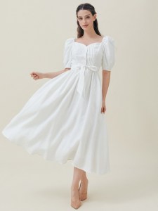 Plain Wedding Square Neck Regular Fit Short Sleeves Dress, White - Image 5