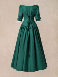 Maxi Linen Dress, 3/4 Sleeves, Square Neck, Button Down, Linen Blend, Green - Image 5