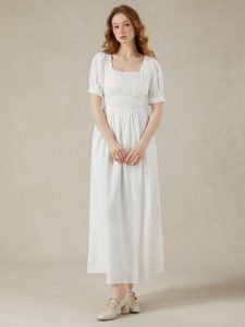Linen Maxi Dress, Puff Sleeve, Short Sleeve, Square Neck, Vintage Dress, Linen, White - Image 8