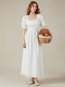 Linen Maxi Dress, Puff Sleeve, Short Sleeve, Square Neck, Vintage Dress, Linen, White - Image 3