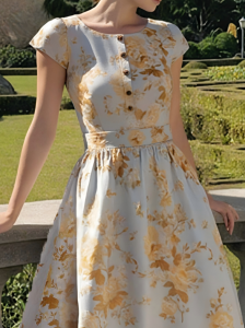 Maxi Linen Dress , Short Sleeves, Round Neck, Floral, Button Design, Vintage, Yellow - Image 2