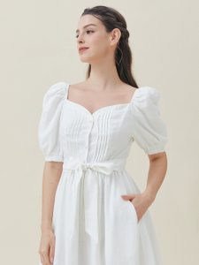 Plain Wedding Square Neck Regular Fit Short Sleeves Dress, White - Image 6