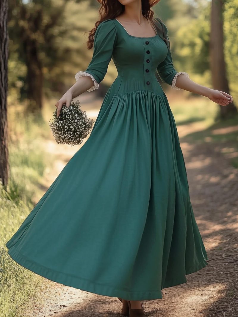 Maxi Linen Dress, 3/4 Sleeves, Square Neck, Button Down, Linen Blend, Green