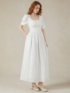 Linen Maxi Dress, Puff Sleeve, Short Sleeve, Square Neck, Vintage Dress, Linen, White - Image 7