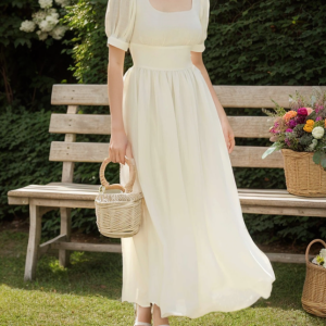Linen Maxi Dress, Puff Sleeve, Short Sleeve, Square Neck, Vintage Dress, Linen, White