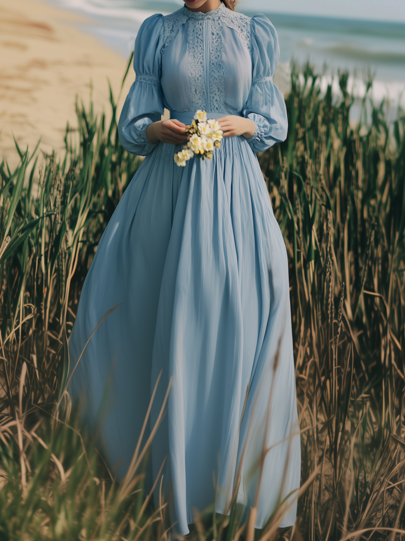 Maxi Linen Dress, Long Sleeves, Stand Collar, Lace Design, Linen Blend, Blue