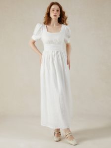 Linen Maxi Dress, Puff Sleeve, Short Sleeve, Square Neck, Vintage Dress, Linen, White - Image 5