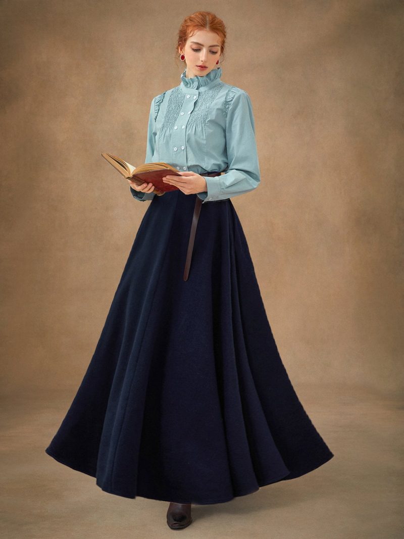 Jane Collection - Mineral Blue Wool-Blend Midi Skirt with Pockets