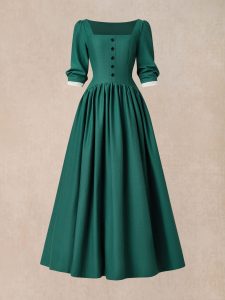 Maxi Linen Dress, 3/4 Sleeves, Square Neck, Button Down, Linen Blend, Green - Image 2
