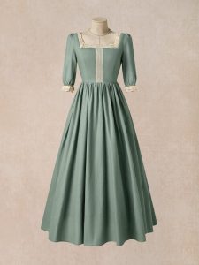 Maxi Linen Dress, 3/4 Sleeves, Square Neck, Lace Up, Linen Blend, Green - Image 3