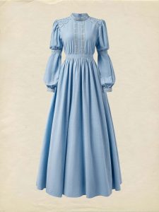 Maxi Linen Dress, Long Sleeves, Stand Collar, Lace Design, Linen Blend, Blue - Image 2