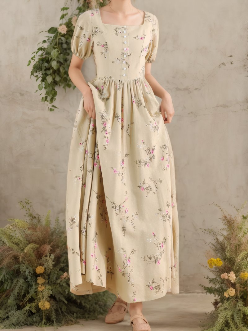 Maxi Linen Dress, Puff Sleeves, Square Neck, Linen Blend, Yellow