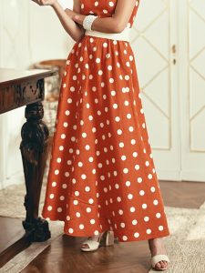 Maxi Cotton Dress , Sleeveless, Round Neck, Polka Dots, Belt Design, Vintage, Orange Red - Image 3