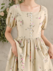 Maxi Linen Dress, Puff Sleeves, Square Neck, Linen Blend, Yellow - Image 2