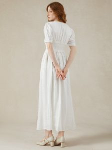 Linen Maxi Dress, Puff Sleeve, Short Sleeve, Square Neck, Vintage Dress, Linen, White - Image 6