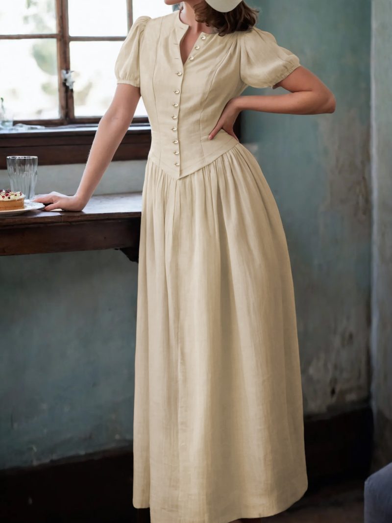 Linen Maxi Dress, Short Sleeve, Princess-cut Waist,  Crew Neck, Tea Party, Linen Blend, Plain
