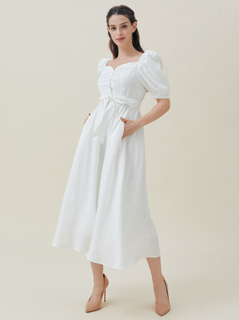 Plain Wedding Square Neck Regular Fit Short Sleeves Dress, White