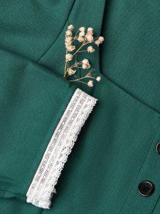 Maxi Linen Dress, 3/4 Sleeves, Square Neck, Button Down, Linen Blend, Green - Image 3