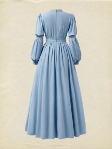 Maxi Linen Dress, Long Sleeves, Stand Collar, Lace Design, Linen Blend, Blue - Image 3