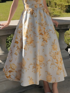 Maxi Linen Dress , Short Sleeves, Round Neck, Floral, Button Design, Vintage, Yellow - Image 3