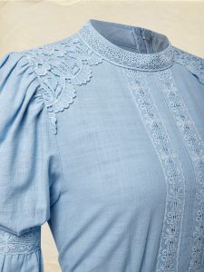 Maxi Linen Dress, Long Sleeves, Stand Collar, Lace Design, Linen Blend, Blue - Image 4