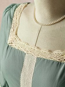 Maxi Linen Dress, 3/4 Sleeves, Square Neck, Lace Up, Linen Blend, Green - Image 2