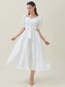 Plain Wedding Square Neck Regular Fit Short Sleeves Dress, White - Image 3