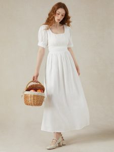 Linen Maxi Dress, Puff Sleeve, Short Sleeve, Square Neck, Vintage Dress, Linen, White - Image 4