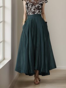 Maxi Linen Skirt, Linen, Green - Image 3